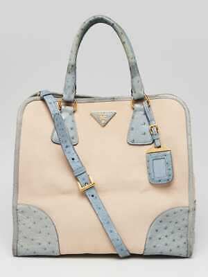 Prada Natural Canvas and Blue Ostrich Tote Bag BN2254